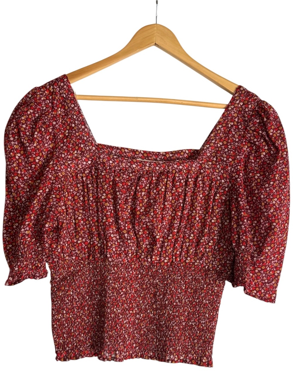 Universal Thread red floral square-neck smocked puff-sleeve blouse LARGE - NWT